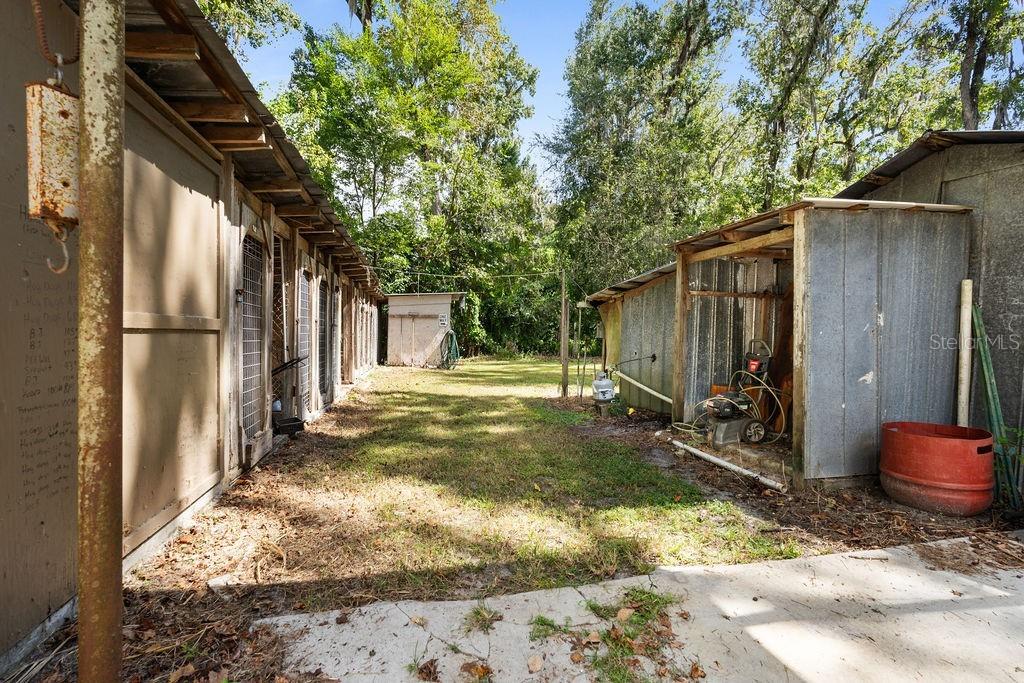 An outdoor walkway sits between two long, metal-sided kennel structures with a grassy yard beyond — 4050 SE 170TH PLACE, INGLIS, FL