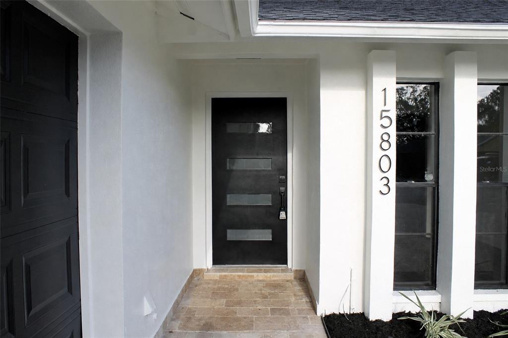 A modern black front door with horizontal glass panels sits under a white covered entryway — 15803 IRONWARE PLACE, TAMPA, FL