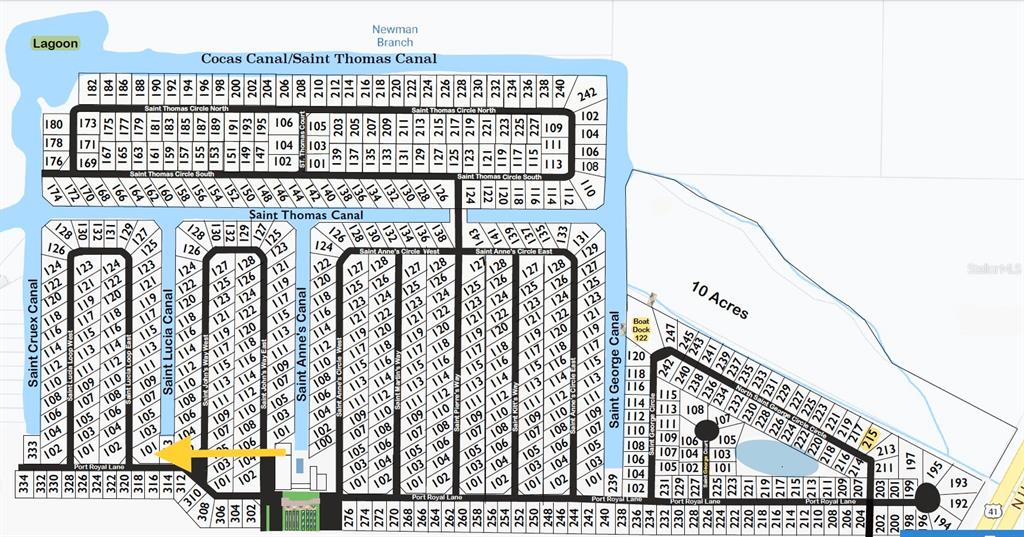 This image is a map showing the layout of residential lots in a canal-front community — 101 E SAINT LUCIA LOOP, APOLLO BEACH, FL