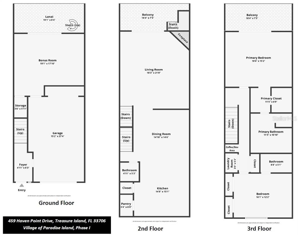 This is a three-level floor plan showing the layout of a residential property — 459 HAVEN POINT DRIVE, TREASURE ISLAND, FL