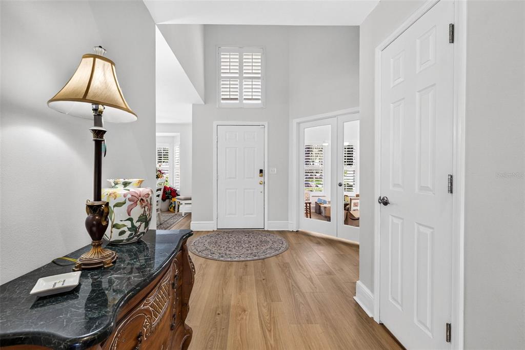 A foyer features light wood flooring, a marble-topped console table, and a white front door — 7217 RIDGEPORT DRIVE, TAMPA, FL