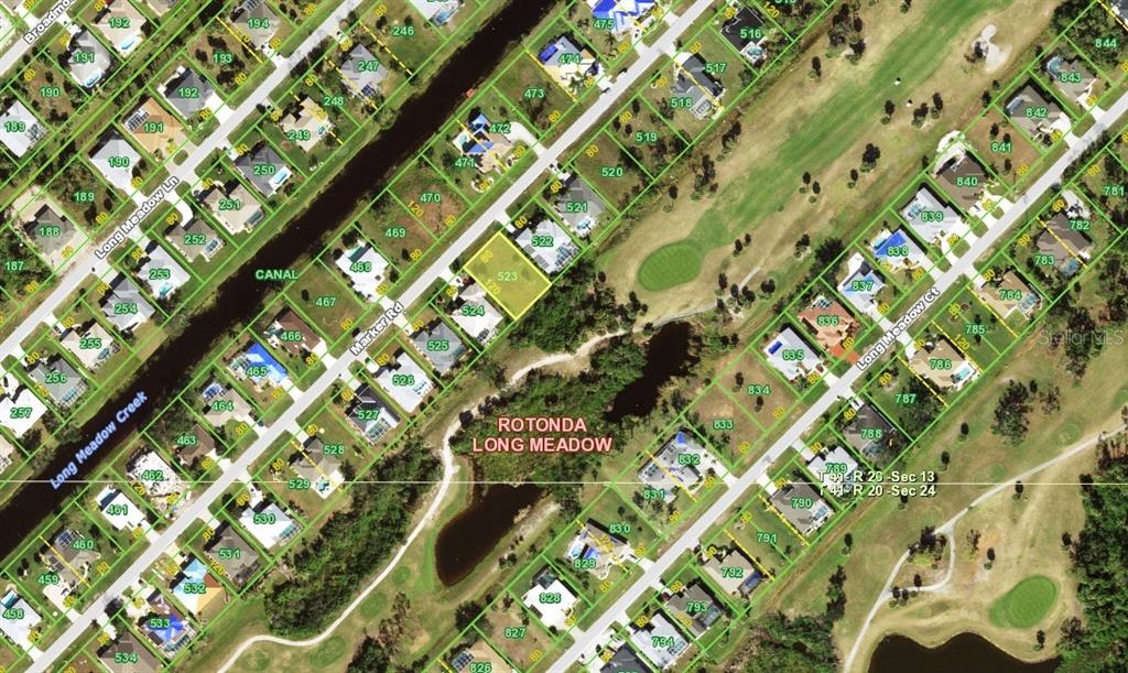 This is a satellite map view of a residential neighborhood featuring a highlighted vacant lot — 54 MARKER ROAD, ROTONDA WEST, FL