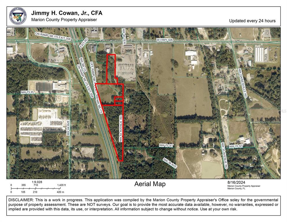 This is an aerial map showing a property outlined in red near a highway interchange — 7820 NW 42ND AVENUE RD, OCALA, FL