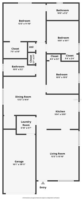 This is a floor plan of a house with a garage, kitchen, dining room, and three bedrooms — 9684 HOLLYHILL DRIVE, ORLANDO, FL