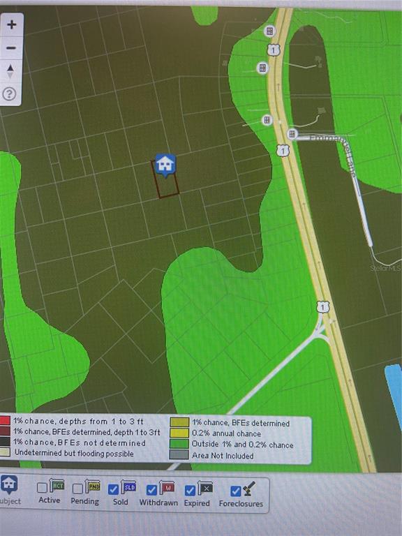 This is a flood zone map showing a property location highlighted in a dark green area — SHORT PARCEL 2003054, MIMS, FL