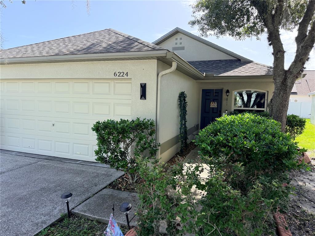 A single-story house exterior features a white garage, a dark blue front door, and landscaping — 6224 TABOGI TRAIL, WESLEY CHAPEL, FL