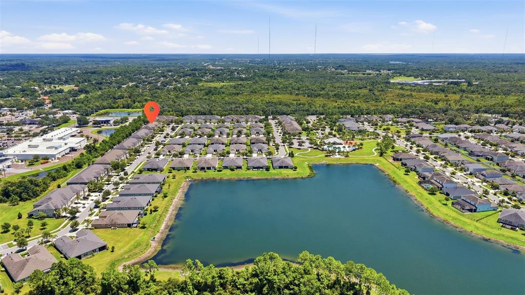 An aerial view shows a residential neighborhood with a large central lake and community amenities — 11752 CAMBIUM CROWN DRIVE, RIVERVIEW, FL
