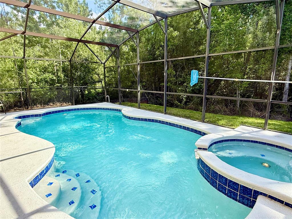 A screened-in swimming pool and attached hot tub surrounded by a wooded backyard — 403 SANDY RIDGE DRIVE, DAVENPORT, FL