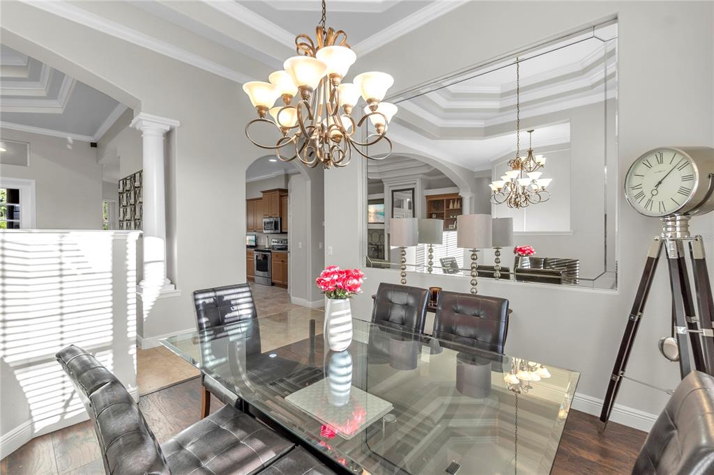 A dining room features a glass-top table, dark chairs, a chandelier, and wood-look flooring — 15425 29TH LANE E, PARRISH, FL