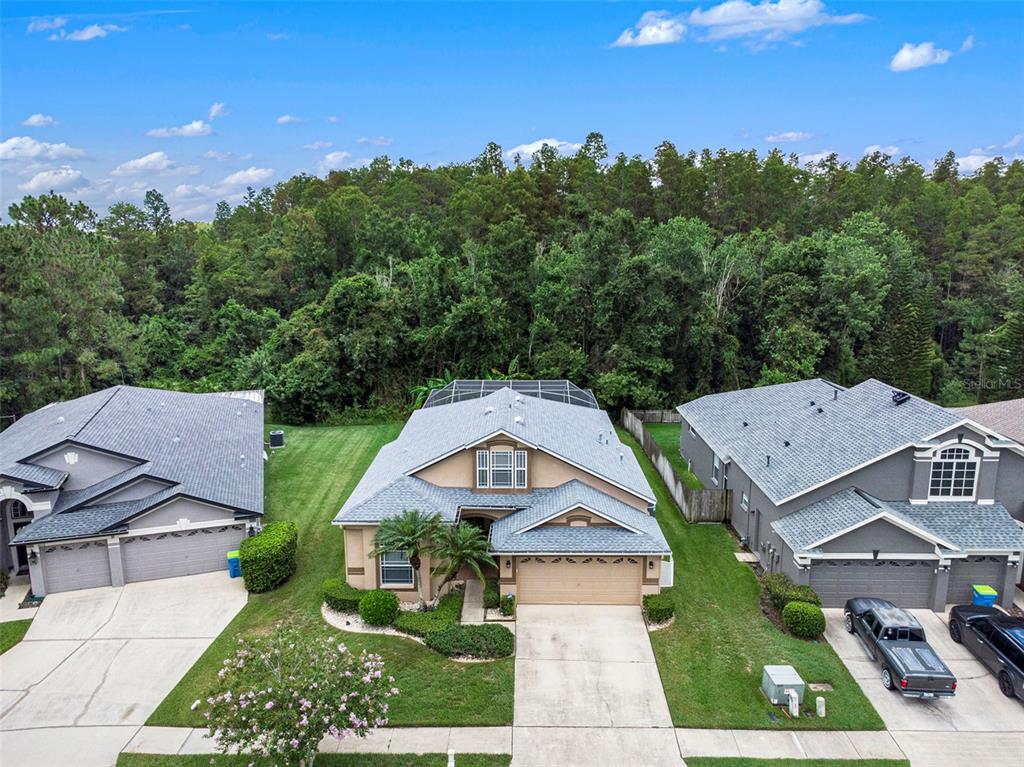 An aerial view shows three suburban houses with gray roofs and driveways bordering a dense forest — 2132 RENSSELAER DRIVE, WESLEY CHAPEL, FL