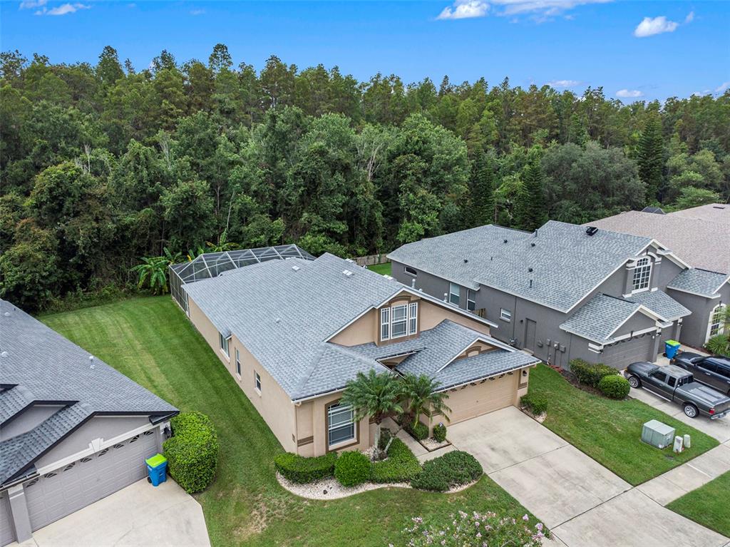 An aerial view shows a suburban house with a screened-in pool and a wooded backyard — 2132 RENSSELAER DRIVE, WESLEY CHAPEL, FL