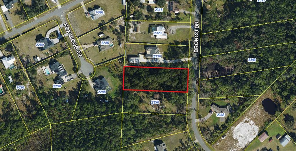 This is an aerial map showing a vacant, wooded residential lot outlined in red — 2340 BRONCO DRIVE, ST CLOUD, FL