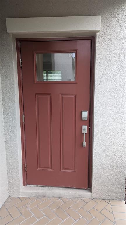 A red front door with a glass window panel is set in a stucco wall — 1384 WHITE FOX RUN, LUTZ, FL