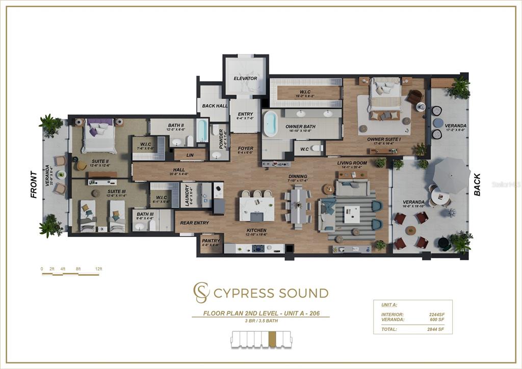 This floor plan shows a three-bedroom, three-and-a-half-bath residential unit with multiple verandas and an elevator — 10009 CRISBET COURT UNIT 206A, ORLANDO, FL