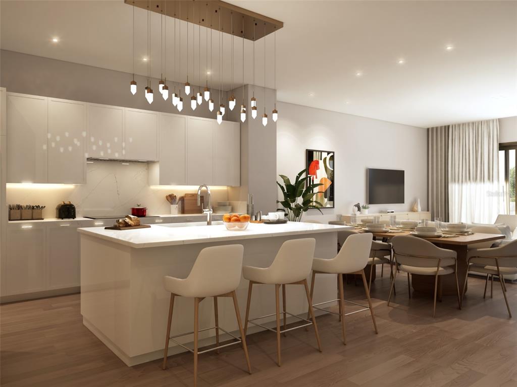 This rendering shows a modern kitchen with a white island, bar stools, and pendant lighting — 10009 CRISBET COURT UNIT 206A, ORLANDO, FL