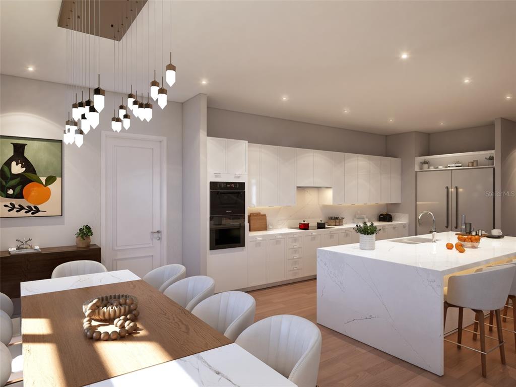 This is a rendering of a modern kitchen and dining area with white cabinetry — 10009 CRISBET COURT UNIT 206A, ORLANDO, FL
