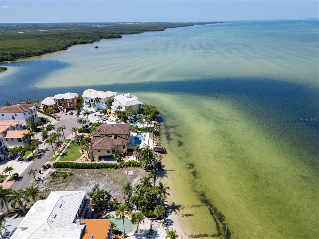 An aerial view shows waterfront luxury homes along a coastline with shallow, clear water — 1013 SYMPHONY ISLES BOULEVARD, APOLLO BEACH, FL