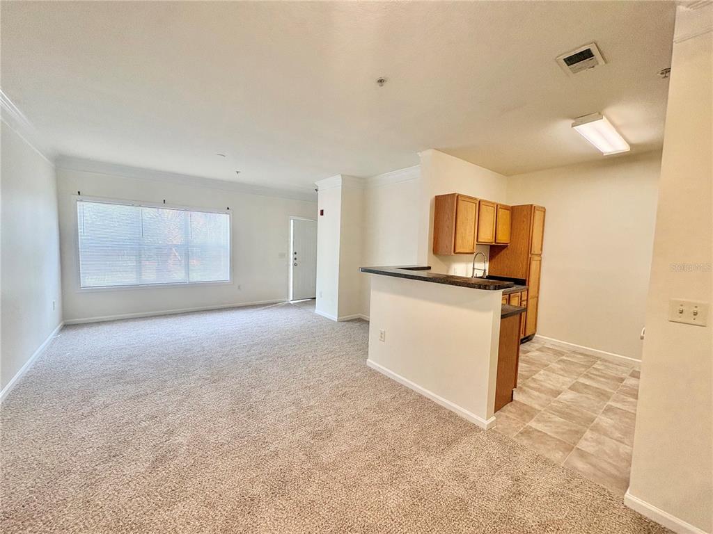 An open-concept living area with beige carpeting, a kitchen peninsula, and light-colored walls — 4802 51ST STREET W UNIT 1016, BRADENTON, FL