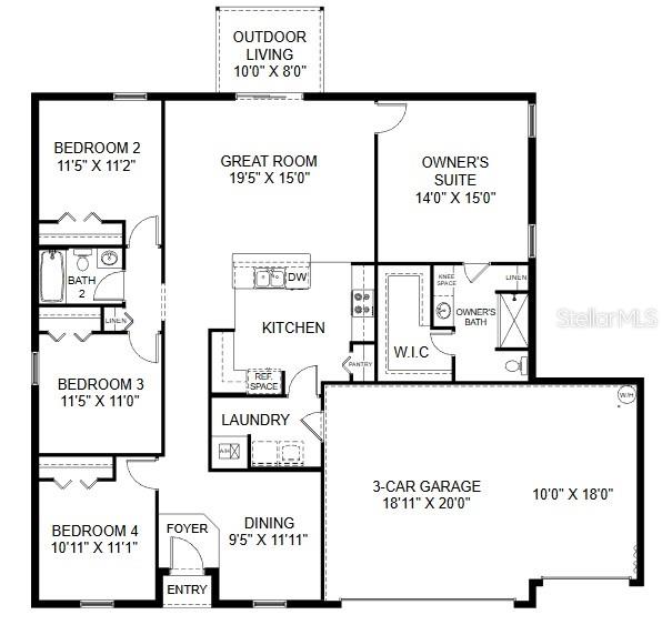 This floor plan shows a four-bedroom home with an open kitchen, great room, and garage — 16010 SW 44TH CIRCLE, OCALA, FL