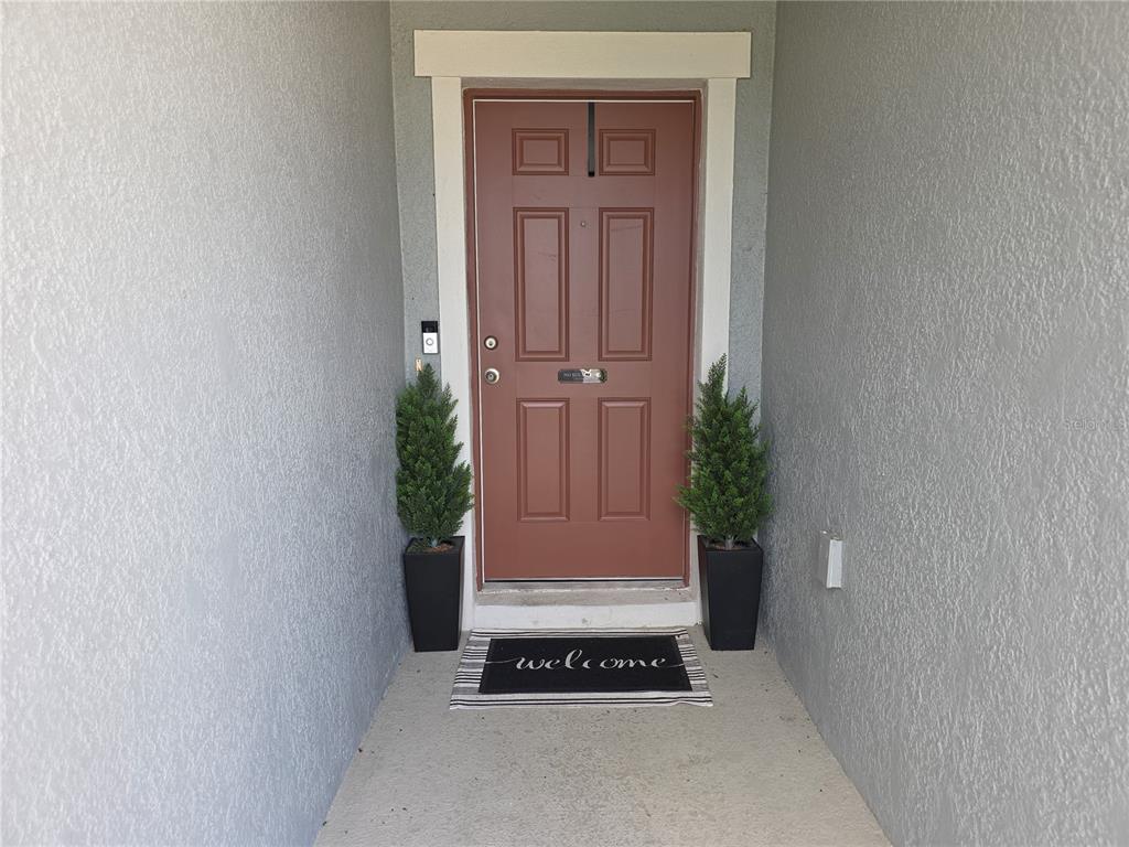 A brown front door is flanked by two potted plants on a concrete porch — 1569 EFFRA WAY, SANFORD, FL