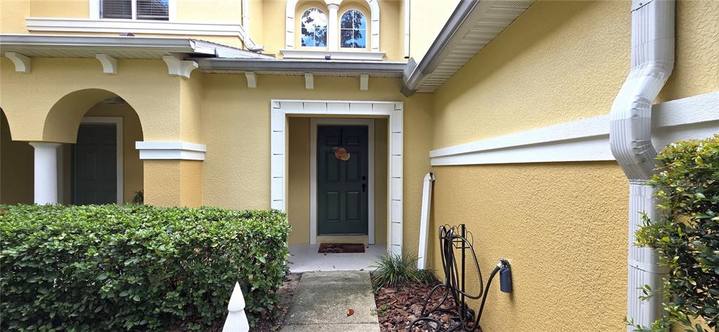 The exterior of a yellow house features a dark green front door and arched entryway — 4555 LIMERICK DRIVE, TAMPA, FL