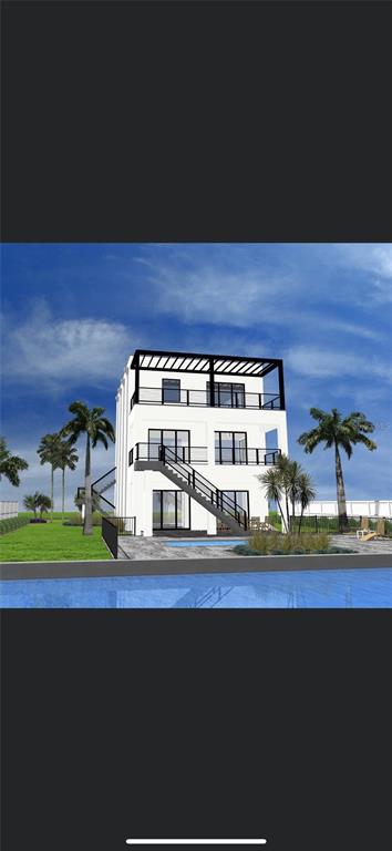 This is a digital rendering of a three-story white house with balconies and an exterior staircase — 4009 CROAKER DRIVE, HERNANDO BEACH, FL
