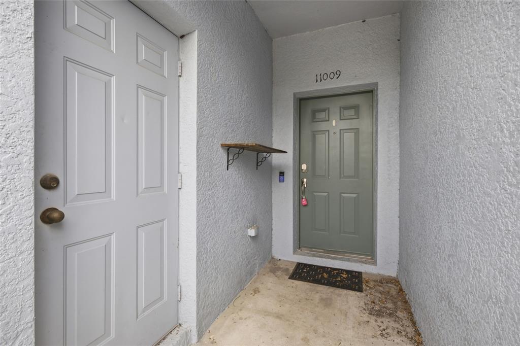 An exterior view of a building entrance featuring two doors and a small wall shelf — 11009 WINTER CREST DRIVE, RIVERVIEW, FL