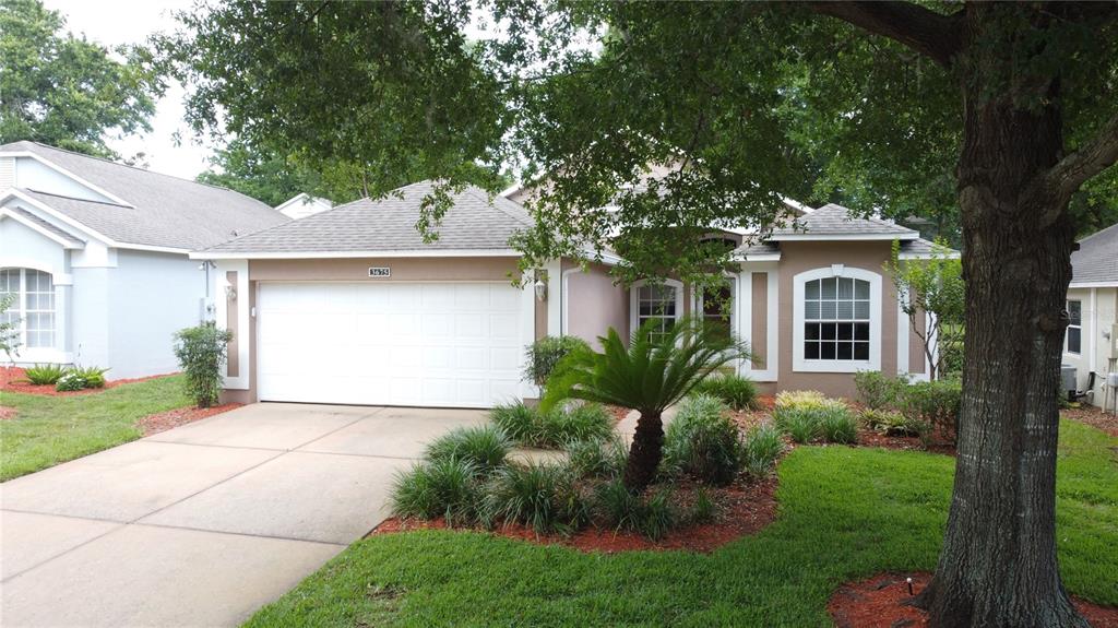 A single-story house with a two-car garage, tan stucco siding, and a large front tree — 3675 EVERSHOLT STREET, CLERMONT, FL