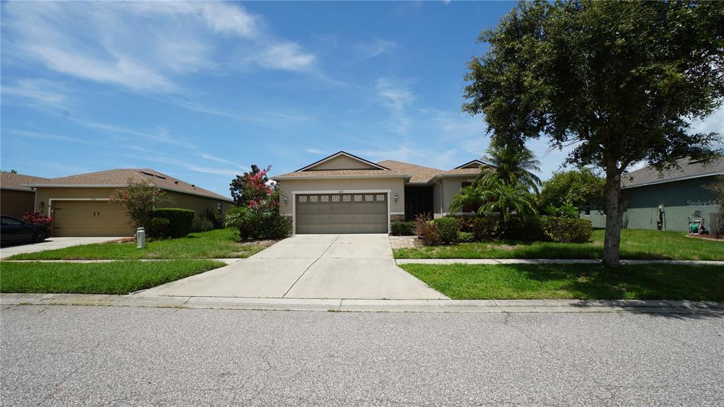 A single-story suburban house with a tan exterior, a two-car garage, and a concrete driveway — 222 STAR SHELL DRIVE, APOLLO BEACH, FL