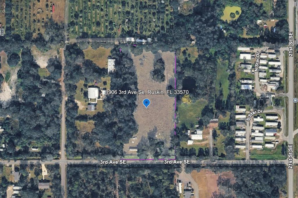 An aerial map view shows a rectangular plot of land with trees and a house — 1906 3RD AVENUE SE, RUSKIN, FL