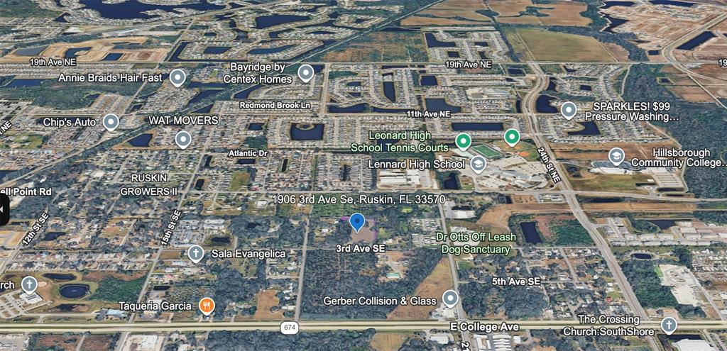 This is an aerial map view of a residential area in Ruskin, Florida — 1906 3RD AVENUE SE, RUSKIN, FL