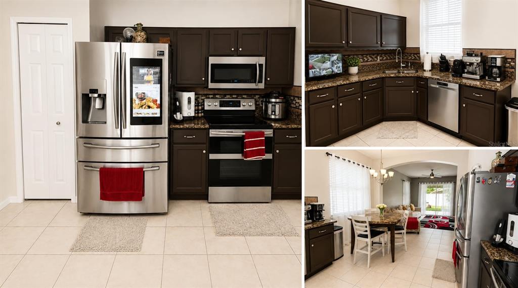 A kitchen with dark wood cabinets, stainless steel appliances, and tile flooring — 8703 FORT SHEA AVENUE, ORLANDO, FL