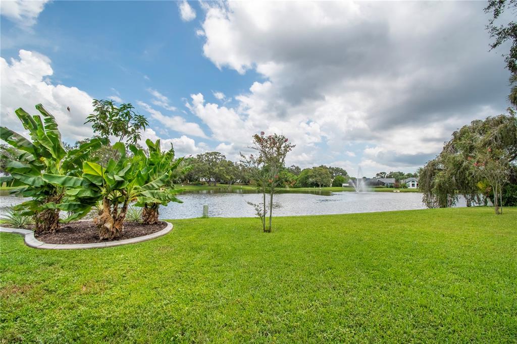 A grassy lawn leads to a pond with a fountain under a cloudy blue sky — 2906 WINDRIDGE DRIVE, HOLIDAY, FL