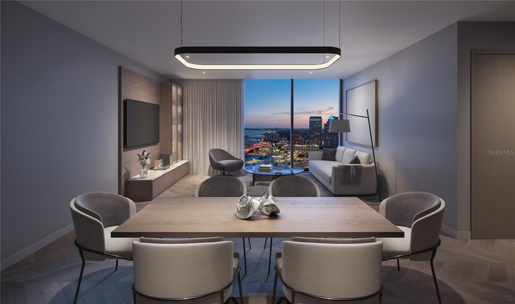 This rendering shows a modern dining and living area with floor-to-ceiling windows overlooking a city — 1101 E JACKSON STREET UNIT 2319, TAMPA, FL