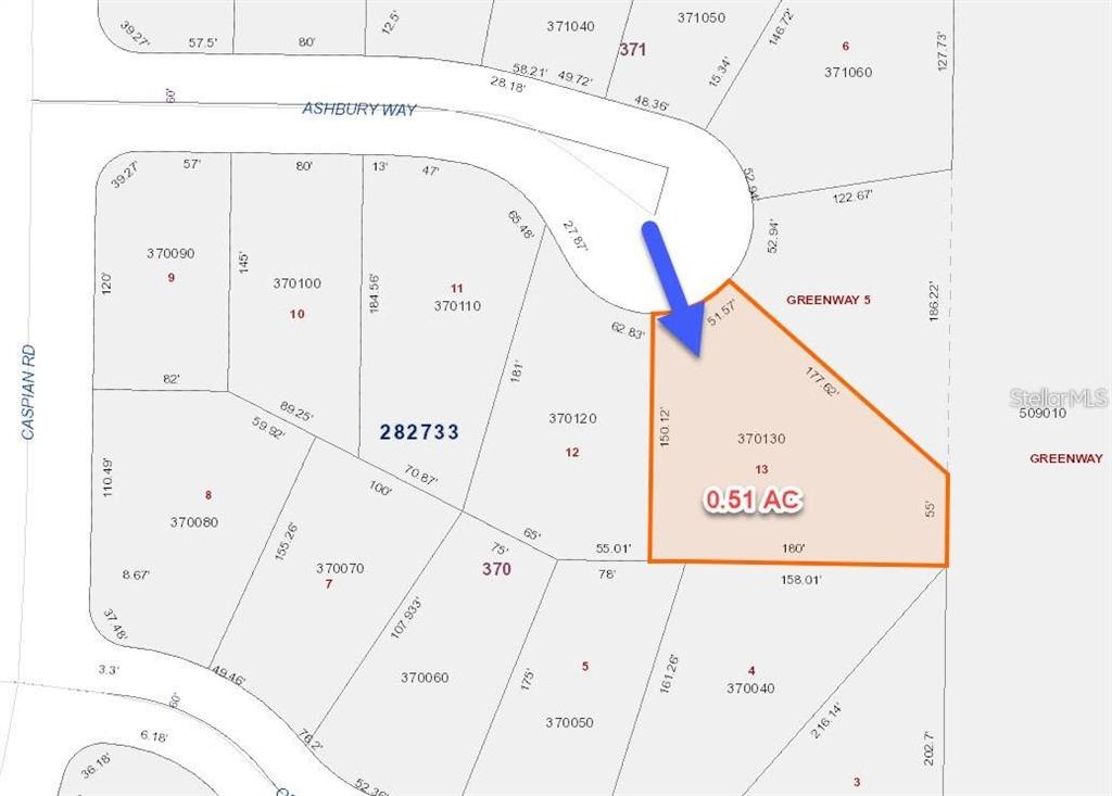 This is a property map showing lot 13 highlighted in orange — 410 ASHBURY WAY, KISSIMMEE, FL