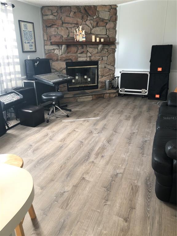 A living room features wood-look flooring, a stone fireplace, and various musical equipment — 30340 BAYLOR LANE, WESLEY CHAPEL, FL