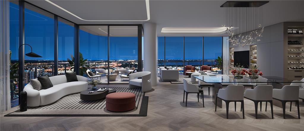 This rendering shows a modern, open-concept living and dining area with floor-to-ceiling windows — 1101 E JACKSON STREET UNIT 3705, TAMPA, FL