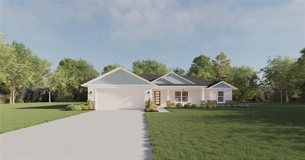 A digital rendering of a single-story house with a two-car garage and light-colored siding — TBD GUAVA TERRACE LOOP, OCKLAWAHA, FL