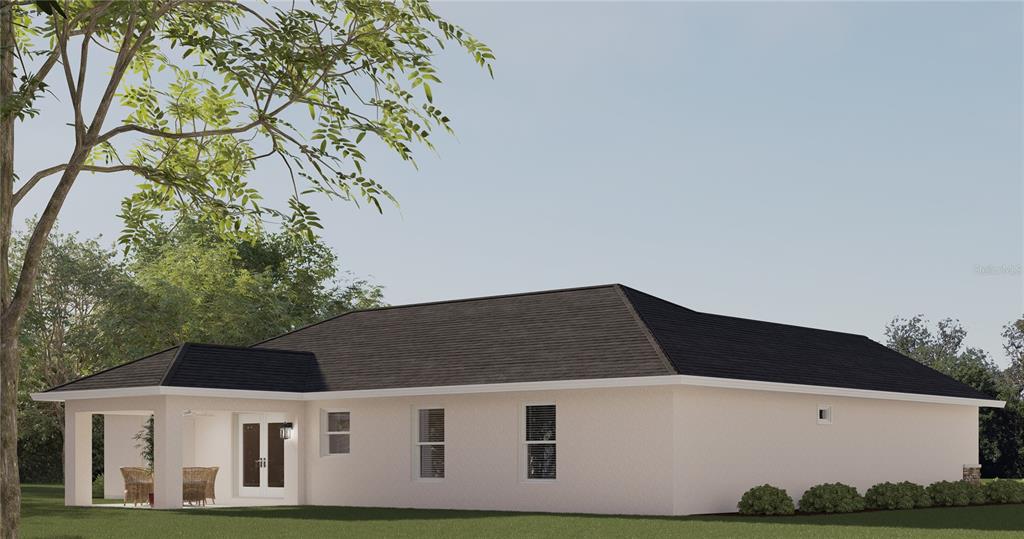 This is a digital rendering of the exterior rear view of a single-story stucco home — TBD GUAVA TERRACE LOOP, OCKLAWAHA, FL
