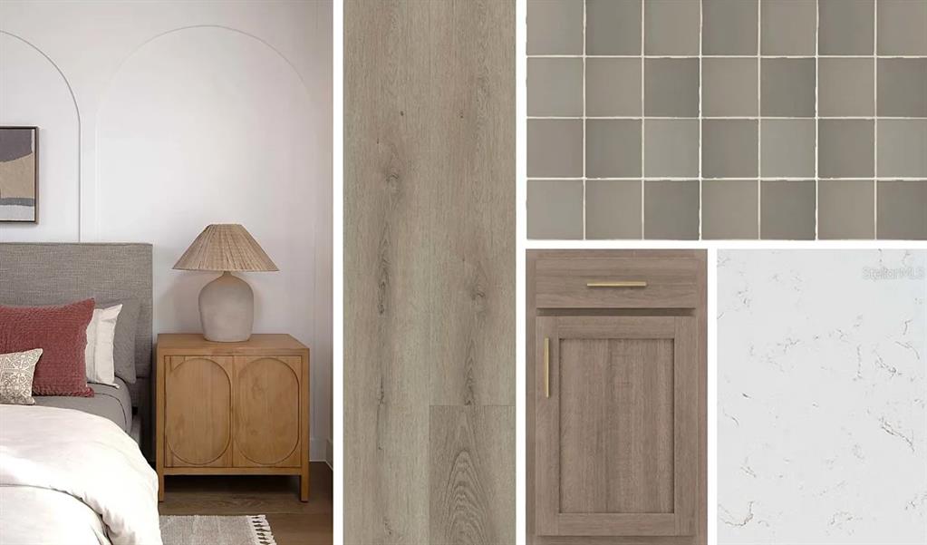 This interior design mood board displays flooring, cabinetry, tile, and countertop samples alongside bedroom furniture — 2909 CITRUS GROVE STREET, WIMAUMA, FL