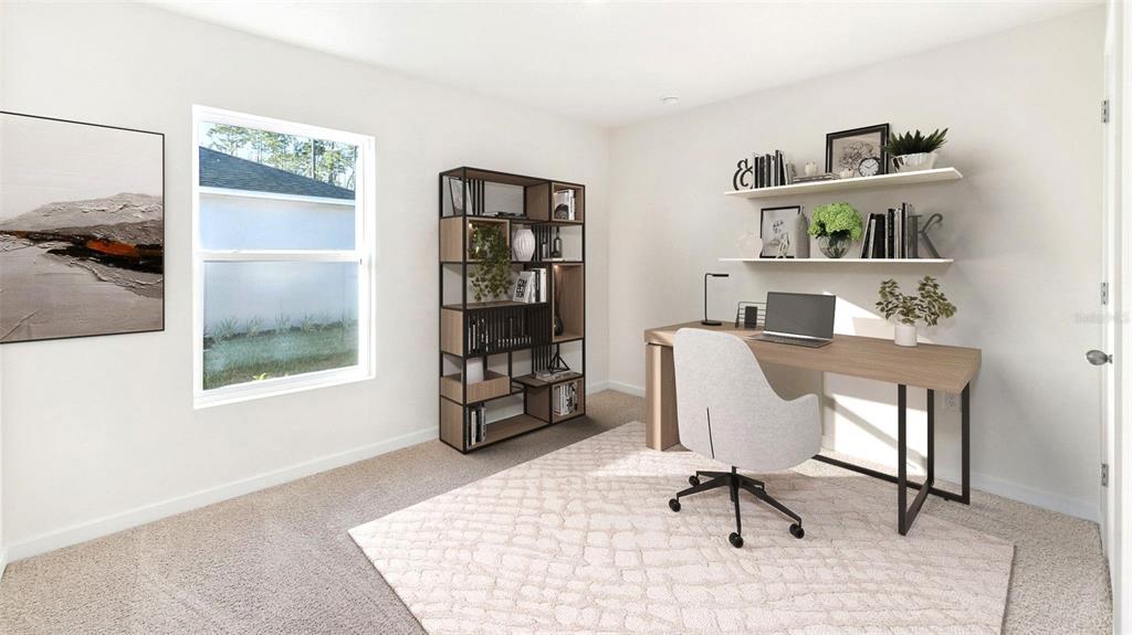 This rendering shows a home office with a desk, chair, bookshelf, and wall shelving — 133 HEIRLOOM DRIVE, ORMOND BEACH, FL