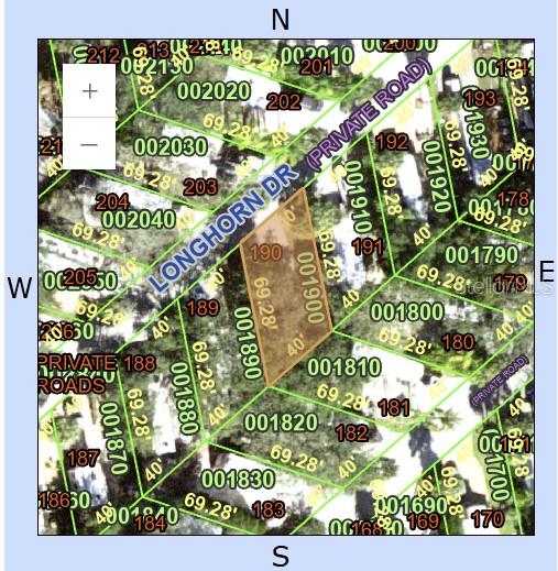 This is a property tax map showing a highlighted parcel of land along Longhorn Drive — 190 LONGHORN DRIVE, LAKE WALES, FL