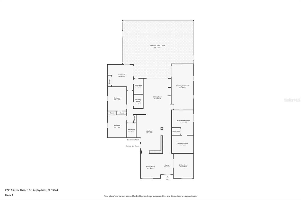 This is a floor plan for a single-story house with a screened patio and pool — 27417 SILVER THATCH DRIVE, WESLEY CHAPEL, FL