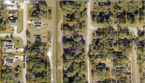This is an aerial map showing a highlighted vacant lot within a residential neighborhood — CONSTITUTION DRIVE, NORTH PORT, FL