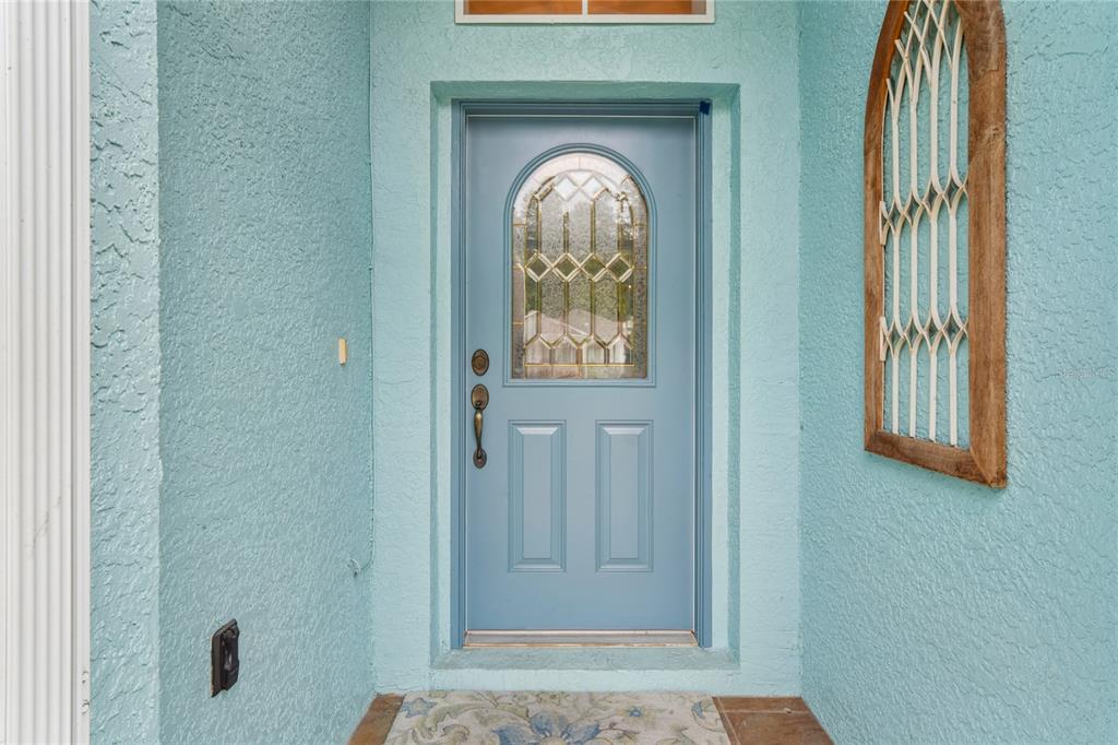A light blue front door with a glass insert sits in a textured stucco entryway — 11415 WINDSTAR COURT, NEW PORT RICHEY, FL