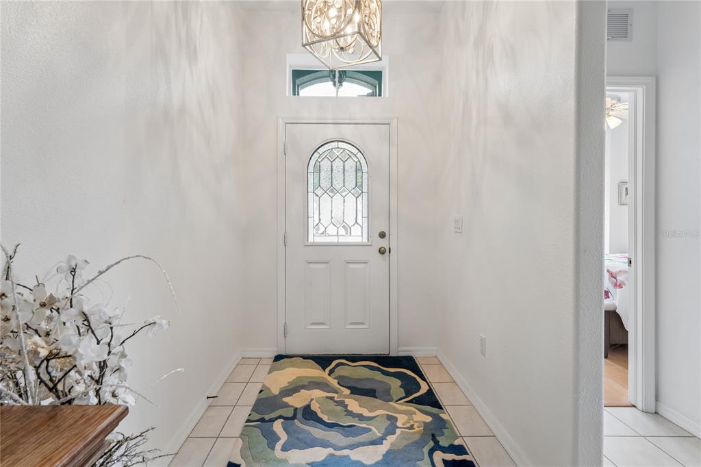 An entryway features a white front door, a patterned rug, and a decorative light fixture — 11415 WINDSTAR COURT, NEW PORT RICHEY, FL
