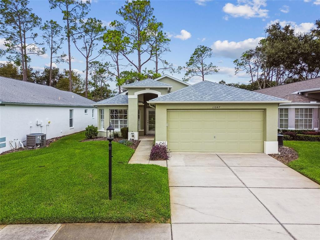 A single-story house with a green exterior, a two-car garage, and a concrete driveway — 11647 WHEATFIELD LOOP, HUDSON, FL