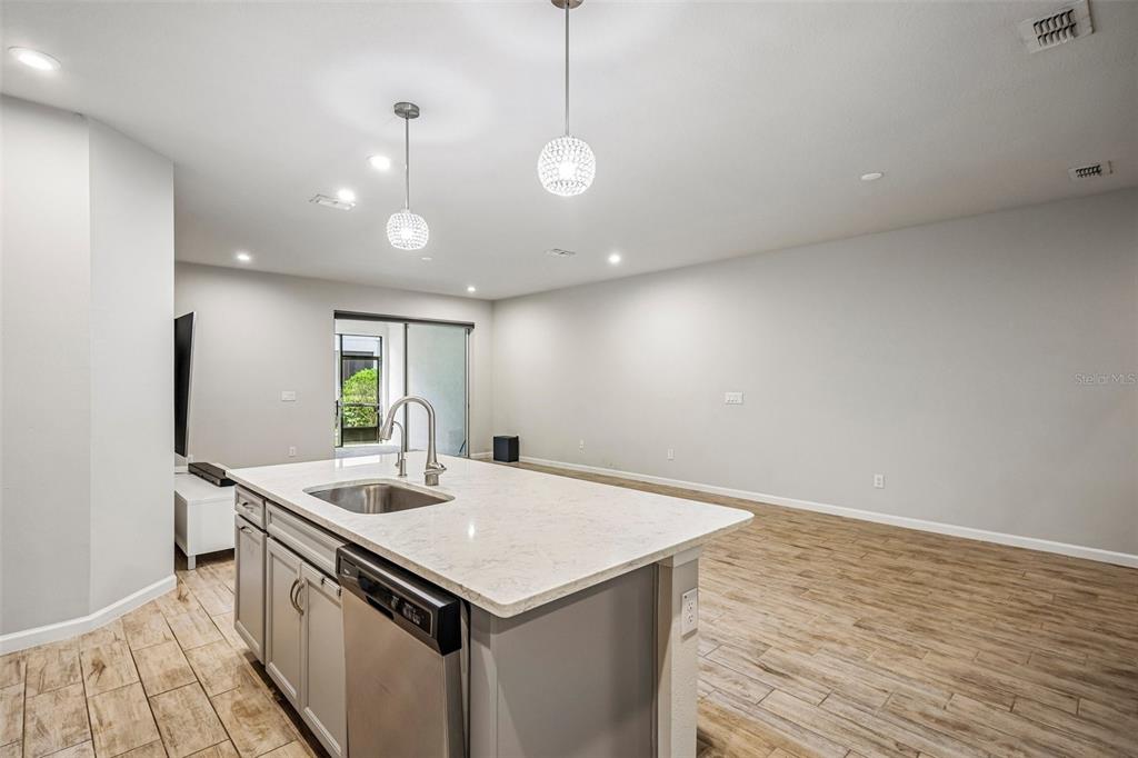 A kitchen island with a sink and dishwasher sits in an open-concept room with wood-look flooring — 19405 MONARCH WIND WAY, LUTZ, FL