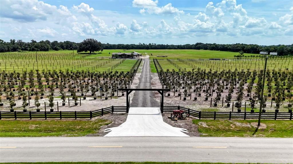 An aerial view shows a gated entrance leading to a tree nursery and a distant house — 610 N HOLLANDTOWN ROAD, WAUCHULA, FL