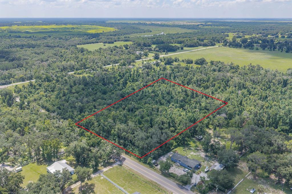 An aerial view shows a rectangular plot of wooded land outlined in red near a road — 18525 672 HIGHWAY, LITHIA, FL